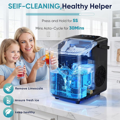 Ice Maker Countertop, Ice Machine with Portable Handle, Basket and Scoop, 26Lbs Daily, 9 Bullet Cubes in 6~8 Mins, Auto-Cleaning for Home, Kitchen, Office, Outdoors, RV Camping