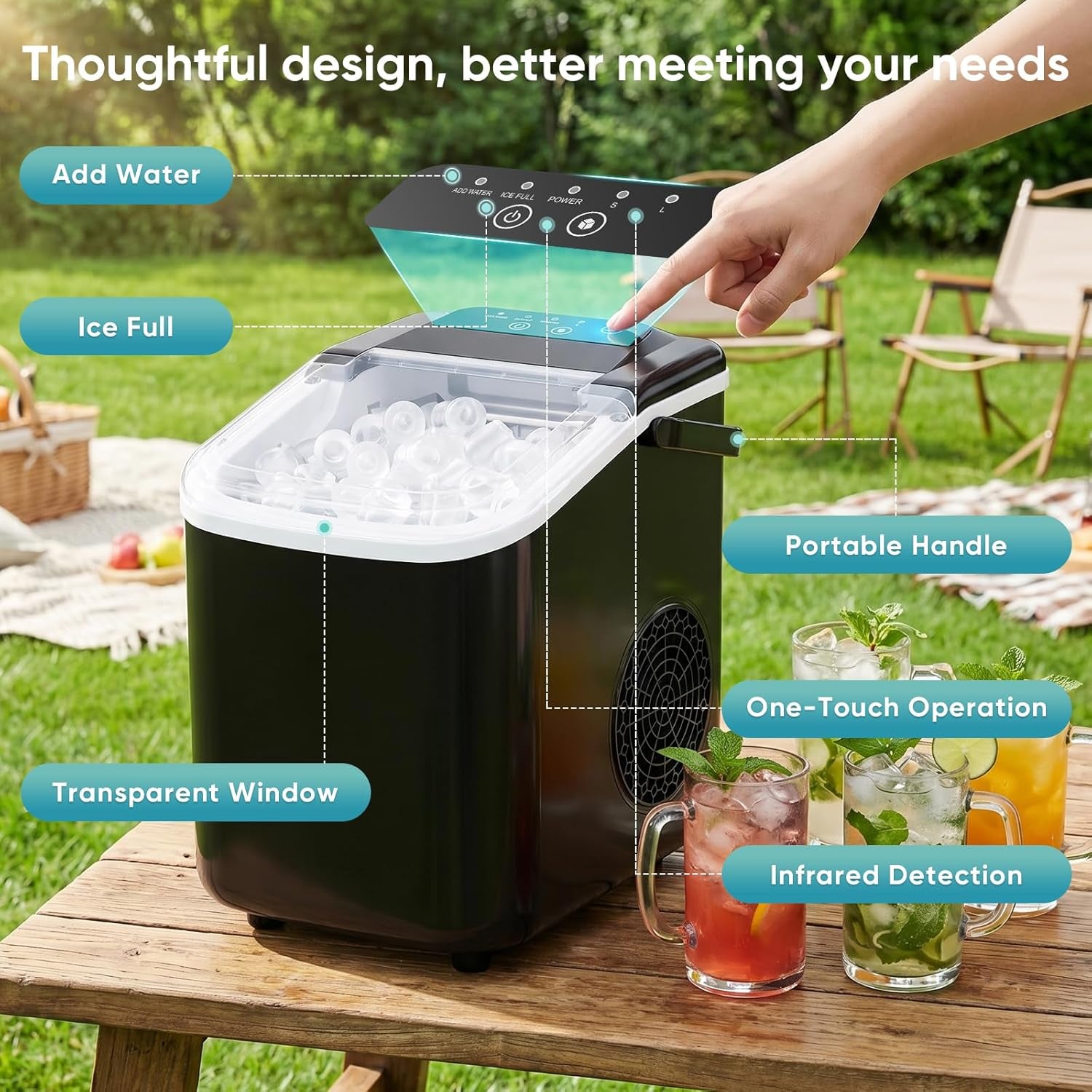 Ice Maker Countertop, Ice Machine with Portable Handle, Basket and Scoop, 26Lbs Daily, 9 Bullet Cubes in 6~8 Mins, Auto-Cleaning for Home, Kitchen, Office, Outdoors, RV Camping