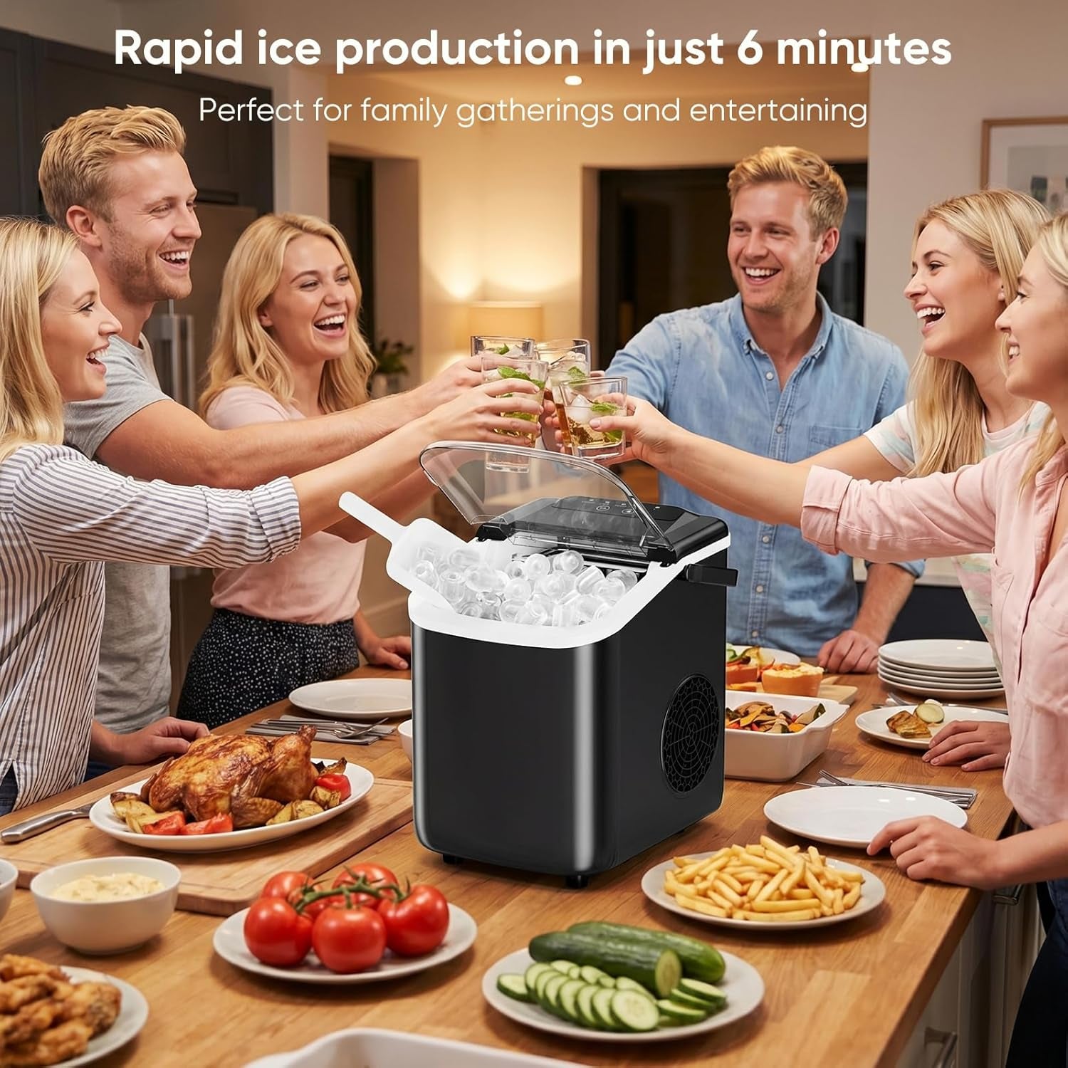Ice Maker Countertop, Ice Machine with Portable Handle, Basket and Scoop, 26Lbs Daily, 9 Bullet Cubes in 6~8 Mins, Auto-Cleaning for Home, Kitchen, Office, Outdoors, RV Camping
