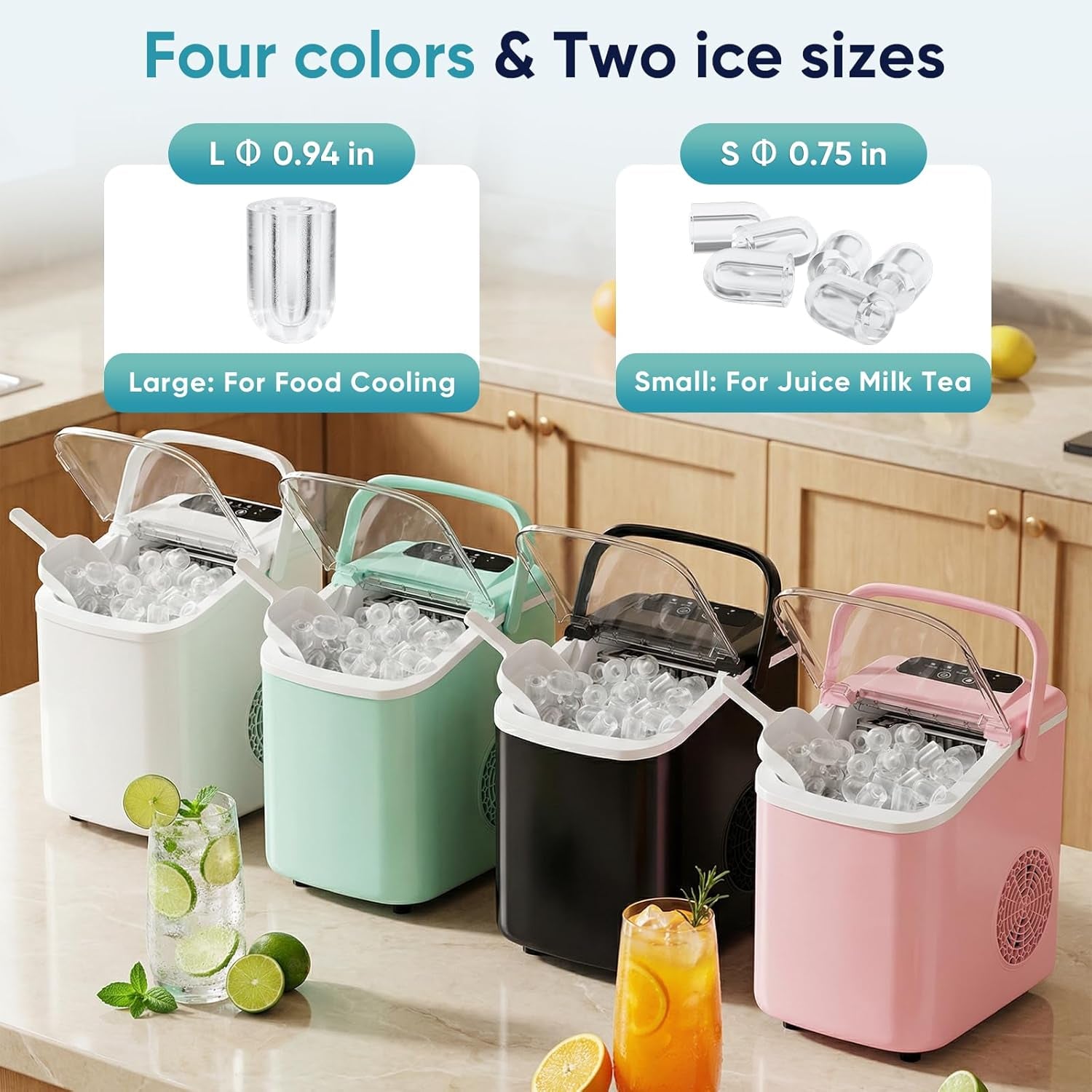 Ice Maker Countertop, Ice Machine with Portable Handle, Basket and Scoop, 26Lbs Daily, 9 Bullet Cubes in 6~8 Mins, Auto-Cleaning for Home, Kitchen, Office, Outdoors, RV Camping