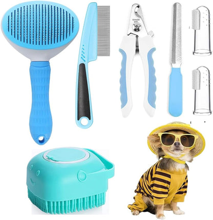 7pcs Pet Grooming Kit, Self-Cleaning Brush Shedding Kit With Nail