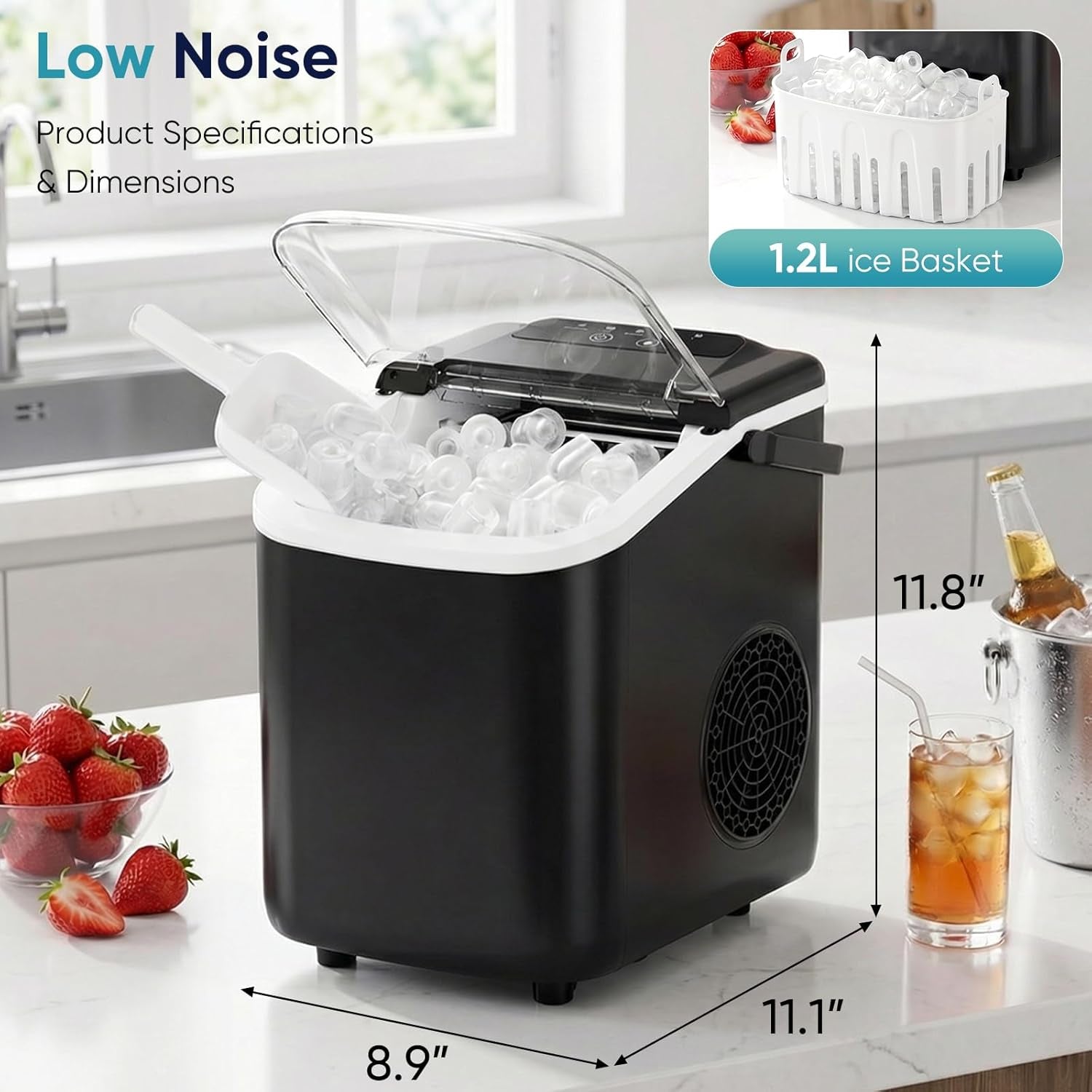 Ice Maker Countertop, Ice Machine with Portable Handle, Basket and Scoop, 26Lbs Daily, 9 Bullet Cubes in 6~8 Mins, Auto-Cleaning for Home, Kitchen, Office, Outdoors, RV Camping