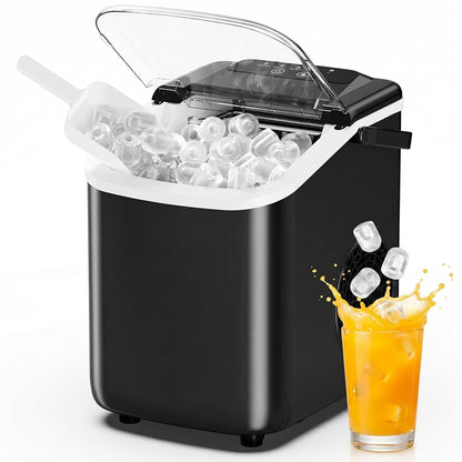 Ice Maker Countertop, Ice Machine with Portable Handle, Basket and Scoop, 26Lbs Daily, 9 Bullet Cubes in 6~8 Mins, Auto-Cleaning for Home, Kitchen, Office, Outdoors, RV Camping